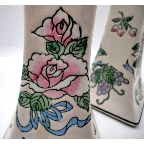 Taper Candle Holders Chinoiserie Hand Painted Vintage Floral Pastel Pair 8.3 In - Picture 11 of 13